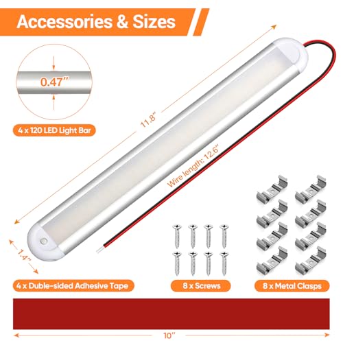 CT CAPETRONIX 12v Led Light Bar Strip, 120LEDs 1300LM 7W DC 12 Volt Led Strip Lights Fixtures with Switch, Enclosed Trailer Lights for RV Interior, Van, Truck Lorry, Camper, Boat, Caravan (4Pcs) - size: 4Pcs
