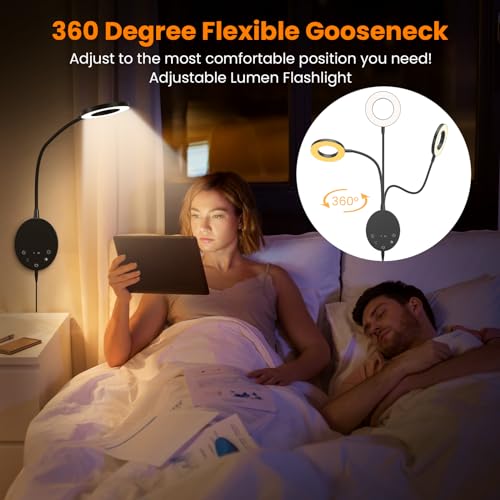 Wall Mounted Reading Light, Bedside Headboard Lights with 5 Color Temperature & 5 Dimming, 360 Flexible Gooseneck, USB Output, Night Light & Timer Function - Perfect for Reading (Black) - color: Black