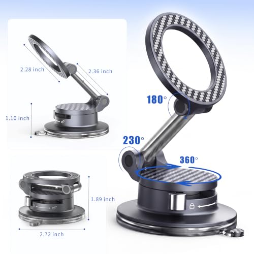 Closima Phone Mount for Car, Zinc Alloy Pocket-Size Foldable Magnetic Holder with Gel Suction Cup, 360° Adjustable for Windshield, Dash, Gym & Travel.Compatible with iPhone & Android