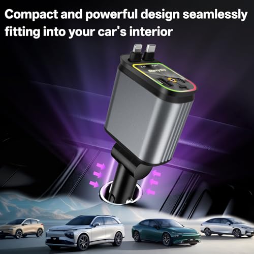 Retractable Car Charger, 4-in-1 Fast Charger with USB-C & USB-A - color: Red Starry Sky Light