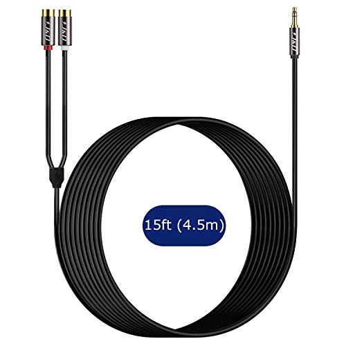 J&D RCA to 3.5mm Cable, 1/8 inch 3.5mm Auxiliary Male to 2RCA Female Stereo Audio Cord Gold Plated Aux Y Splitter for Smartphone, Tablet, MP3, Computer, Speaker, 15 Feet - size: 15 Feet
