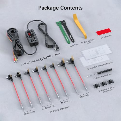 Dash Cam Hardwire Kit USB-C with LED Screen, 12V-32V to 5V 3A 4m/13ft, Adjustable Low Voltage Protection, 24H Parking Monitoring, Hardwire Power Cable with 8 Fuse Adapter