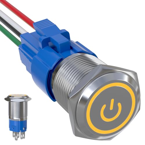 16mm Latching Push Button Switch 5A 12V Power Symbol LED Ring SPDT - color: Silver Shell-Yellow