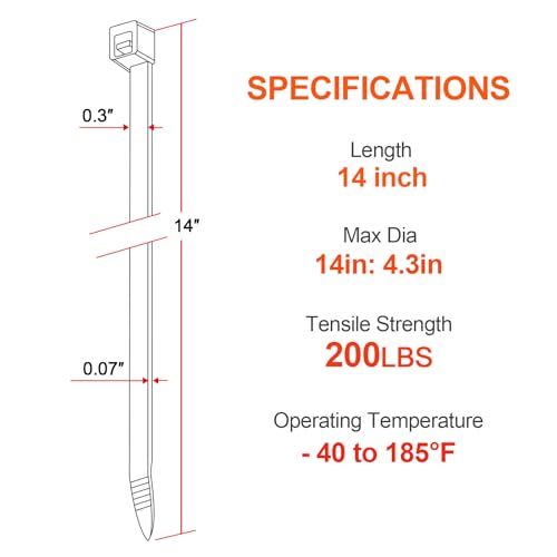 Zip Ties Heavy Duty 14 inch 200 LBS Tensile Strength Cable Ties ,Extra Large Wire Ties Adjustable Nylon Tie Wraps for Indoor Outdoor Patented Design(100 Pack Black) - size: Anti Withdrawal 14 inch 100 Pack (200 Lbs )