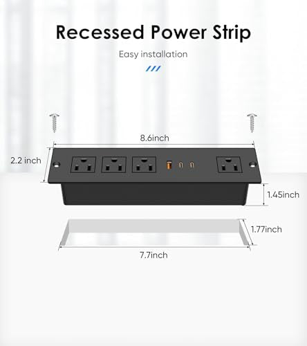 45W USB C Recessed Power Strip, Ultra Thin Flat Plug Recessed Outlet, 4 AC Outlets & 3 USB Port, Flush Mount for Conference Rooms, Office Tables, Furniture-10FT Cord - size: 10FT, style: 45W-2C1A-Black