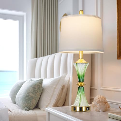 Rinweey Green Glass Table Lamp Set of 2 with USB C+A Ports & AC Outlet, Bedside Lamp, Modern Bedroom Lamps, Coastal Lamp for Night Stands Bedroom Living Room,Nightstand Lamp LED Bulbs Included - color: Green