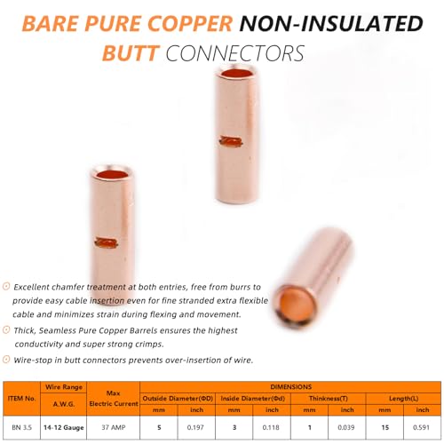 SVAAR 100PCS 14-12 Gauge Non Insulated Butt Connectors 14-12 AWG Uninsulated Butt Splice Connectors Crimp Repair Butt Splices Kit Bare Pure Copper Seamless Barrel Crimp Butt Splice Terminals - color: Bare Pure Copper