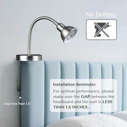 Solfres Patented Innovative Design Headboard Reading Light. No Drilling Golden Book Light for Bedtime Reading. Dimmable LED Book Reading Lamp with Bulb. Movable & Flexible, Silver - color: Silver, size: M