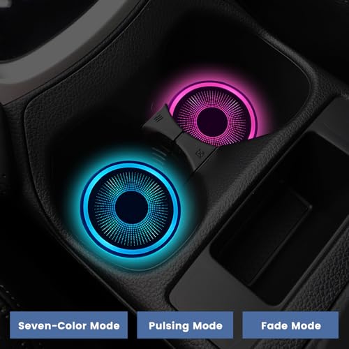 2 PCS LED Car Cup Holder Lights, 7 Colors Changing Waterproof Cup Pad with Vibration Sensor, USB Charging Intelligent Drink Coaster Interior Atmosphere Lamp for Car SUV Truck