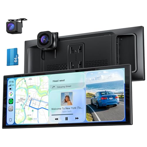 10.26" Wireless Portable 60FPS CarPlay Screen with 4K Front & HD Rear Dual Dash Cam for Apple Car Play & Android Auto 1920*720 Fully Laminated Tablet with Mirror Link, Bluetooth, GPS Navigation