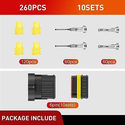 Nilight 260PCS 6 Pin Electrical Connector Plug with Male Female Terminals - size: 6Pin Connector 200Pcs