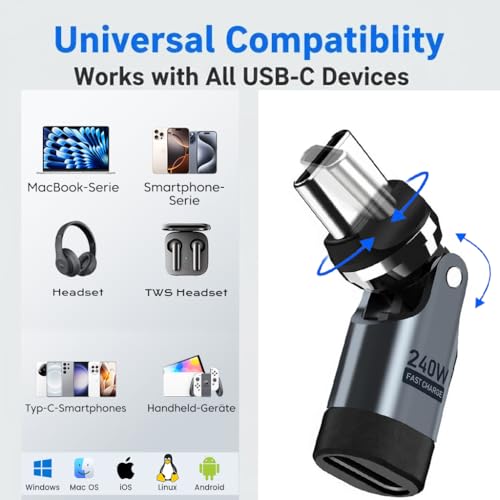 USB C Adapter, PD 240W USB C 360/180/90 Degree Adapter, USB Type C Right Angle Adapter, Rotating Angle USB C to C Adapters for Phone 17/16/15, MacBook Pro/Pad, Samsung Galaxy, Tablet, Laptop, 1-Pack