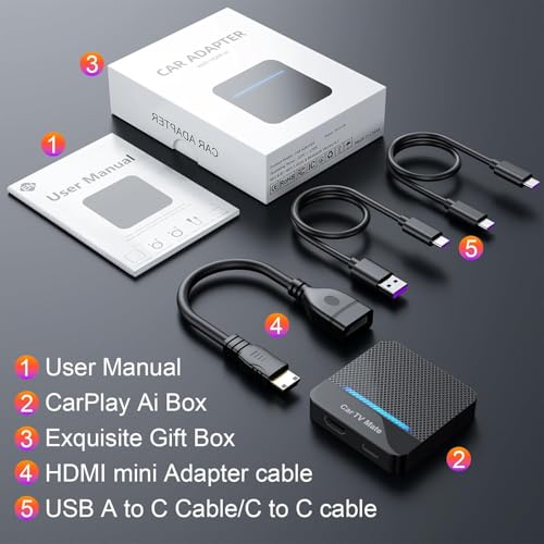 Car TV Mate-HDMl Multimedia Adapter for Fire T V Stick/Google T V Sticks/Game Consoles/Screen Throwers,2 in 1 Carplay TV Adapter with HDMI and USBC Port for iPhone, Convert Wired to Wireless Car Play