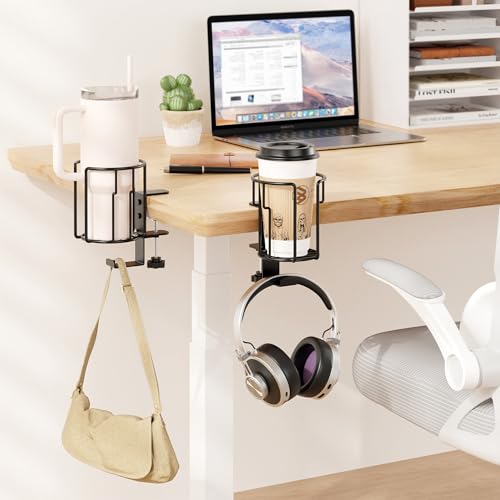 Large Desk Cup Holder, 2-in-1 Clip On Cup Holder with Headphone Hook, Heavy-Duty Metal Drink Holder for Insulated Tumblers, Big Water Bottles, Fits Office Desk Organizer, Dorm, Gaming Setup (2 Pack) - color: Black- 2 Pack