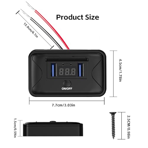 12V USB Outlet 72W Panel Mount PD+QC Fast Charger Voltmeter Switch Marine - size: Dual QC+PD
