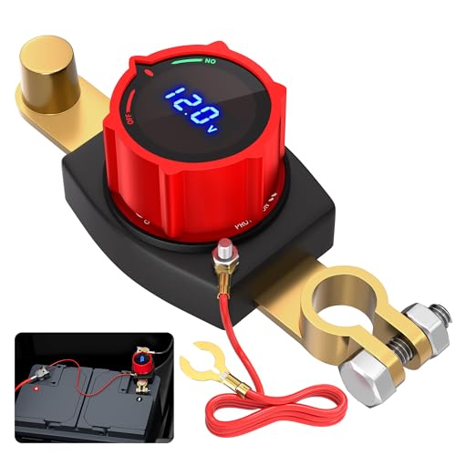 Joinfworld Top Post Battery Disconnect Switch 12V-48V with Led Voltmeter, DC 5-60V Battery Kill Switch Negative On/Off Battery Cut Off Switch for Marine, Cars, Vehicles, RVs and Boats - color: 300A On-Off Top Post with Voltmeter