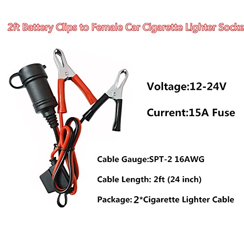Cigarette Lighter Socket Battery Alligator Clamp - 2ft Battery Clips to Female Car Cigarette Lighter Socket Adapter Extension Cord 12v-24v Battery Clip-on Extension Cable with 15A Fuse (2)
