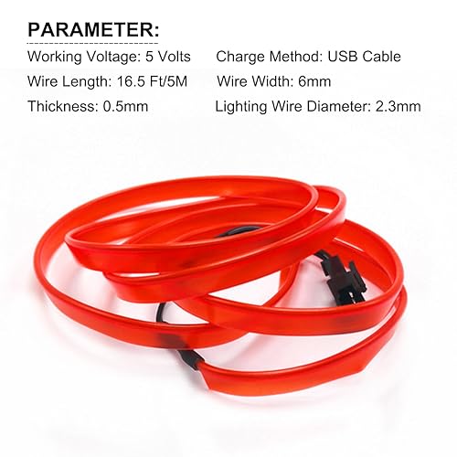 EL Wire Interior Car LED Lights, 16.5FT USB Ambient Lighting Strip, Red - color: Red