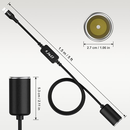 J&D USB A Male to 12V Car Cigarette Lighter Socket Female Converter Cable, 5 ft, 12V 18W Power Adapter, Compatible with Dash Cam, GPS, Car LED Light Strips, Black - color: Black, size: 5 Feet/ 150 CM