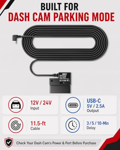 IIWEY OBD Charger for Dash Cam, Plug-and-Play Parking Mode Power Cable with Low-Voltage Protection, 12V/24V to USB-C 5V/2.5A, 11.5 ft, 3/5/10-Min Delay