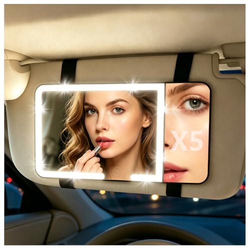 Car Mirror Vanity with 5X Magnification,Touch Control Car Sun Visor Vanity Mirror with 3 Light Modes,Rechargeable LED Mirrors for Cars with Long Battery Cars Interior Accessories