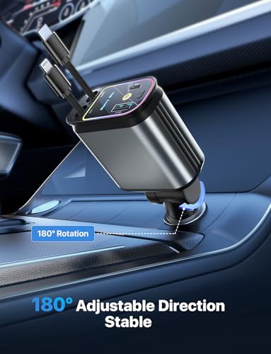 Starlight Retractable Car Charger with Retractable Cables, Starlight in Car Roof 4 in 1 Super Fast USB C Car Phone Charger, 2 USB Ports Starry Sky Adapter, Compatible with iPhone 17 16 15 14 13 12 - color: Deep Silver