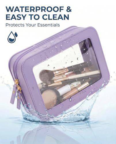 LETGO Makeup Bag Set Cosmetic Pouch for Women Waterproof PU Leather,Travel Toiletry Bag Cute Makeup Organizer Purse Pouch Preppy Pencil Case with Zipper (2Pack-Standard&Square, Purple) - color: Purple, style: 2pack-standard&square
