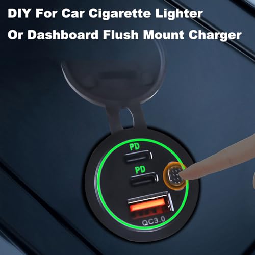 3 Ports 18W USB Car Charger with Switch, 12-24V QC 3.0 USB & Dual PD USB C Cigarette Lighter Socket Outlet, Dashboard Mount Quick Charger for Car Motorcycle Truck Marine Boat, Red Light - color: Red Light