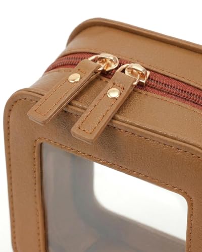 LETGO Clear Makeup Brush Bag Pouch, Waterproof PU Leather Portable Makeup Bag Holder with Transparent Window, Travel Lipstick Case Pouch Car Organizer and Storage, Square, Brown - color: Brown, style: Square