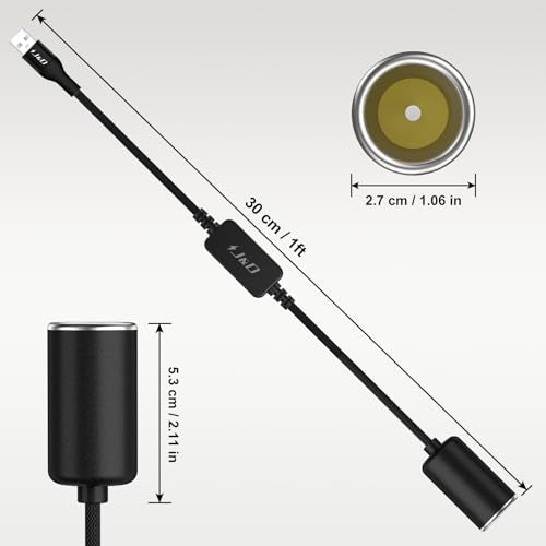 J&D USB A Male to 12V Car Cigarette Lighter Socket Female Converter Cable, 1 ft, 12V 18W Power Adapter, Compatible with Dash Cam, GPS, Car LED Light Strips, Black - color: Black, size: 1 Feet/ 30 CM