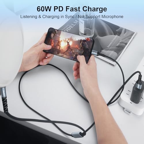 J&D USB C to 3.5 mm Car Aux Cable, 2 in 1 3.5 mm TRS Aux Headphone Jack Cable for Car with Charger Cord, Support PD 60W Charge, Compatible with a Wide Range of Mobile Phones, Grey, 4 ft