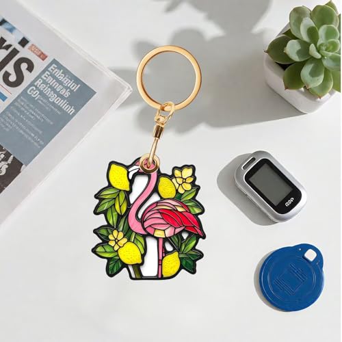 Lemon Flamingo Leather Keychain Case Holder,GPS Tacker With Keychain Ring,Access Card Scratch-Resistant,Finders Accessories For Pets, Luggage, Wallet, Backpacks - color: Lemon Flamingo