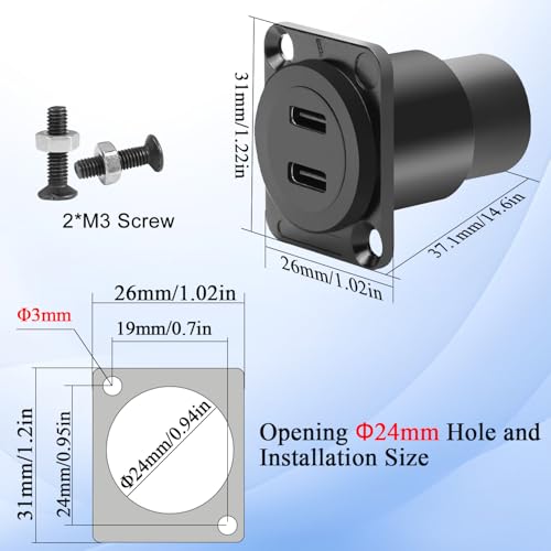 QIANRENON Dual USB C 3.1 Panel Mount Adapter - 10Gbps Female to Female Data Charging Connector, Feedthrough Bulkhead Mount Socket for D Type/XLR Panel