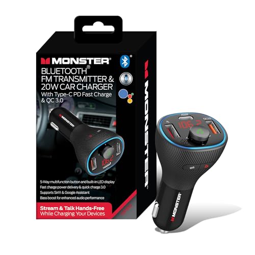 Monster Bluetooth FM Transmitter for Car Cigarette Lighter with 20W QC3.0 USB A & USB C PD Charger, Bass Boost Button, Flash Drive Port, Google Voice & Siri Compatible, Hands-Free Calls, Microphone