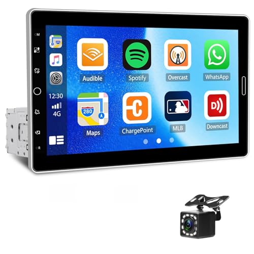 Single Din Car Stereo with Wireless Carplay Android Auto 10.1 Inch IPS Touchscreen Car Radio with Mirror Link Bluetooth 5.2 Handsfree FM RDS EQ USB SWC Car Audio Receiver Backup Camera