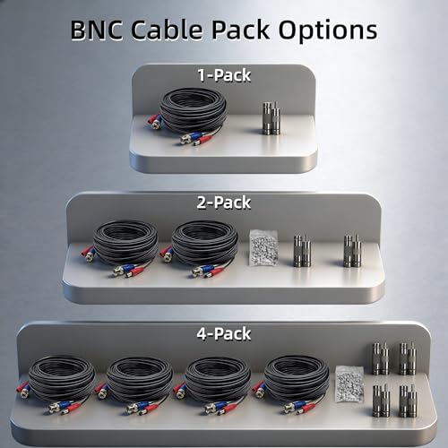2 Pack 16.4ft (5M) BNC Video Cable Wire, 4mm Thickened Security Camera Extension Cable, All-in-One Siamese CCTV Power Cable for DVR, Includes 4 BNC Connectors & 100 Cable Clips - size: 16.4ft