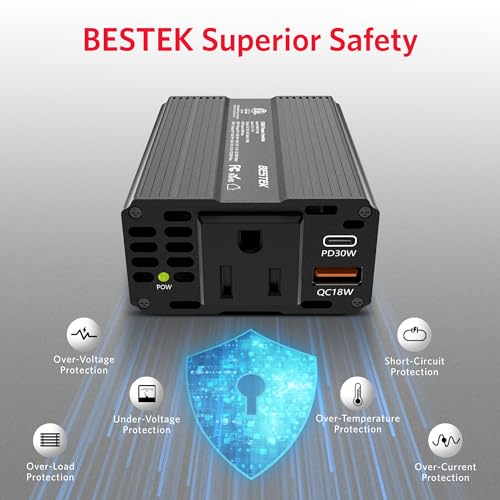 BESTEK Power Inverter DC 12V to AC 110V - 200W Car Plug Adapter Outlet PD 30W USB-C & QC18W USB-A Fast Charging Port - Car Charger Cigarette Lighter Adapter for Phone, Laptop - ETL FCC Certified - color: Matt Black
