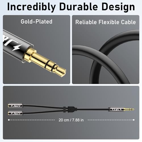 J&D Headphone Splitter 1/8 Audio Stereo Y Splitter Aux Extension Cable, Gold Plated Heavy Duty 3.5mm TRS Male to 2 X 3.5mm TRS Female Headphone Jack Adapter for Earphone, 0.65 Feet