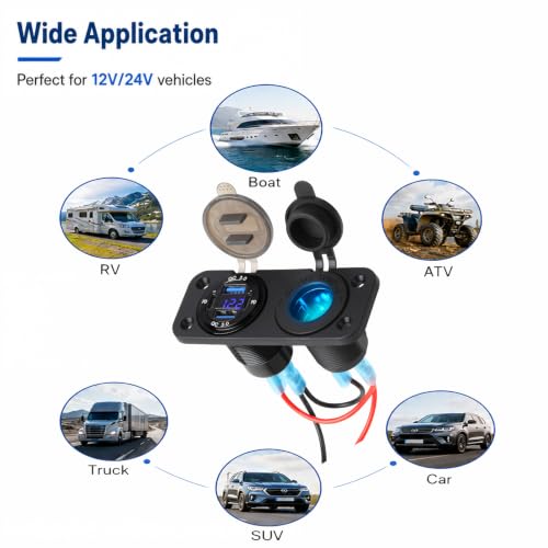 12V Marine USB-C Panel with Voltmeter and Cigarette Lighter Socket - size: 2 in 1 Cigarette Lighter Socket