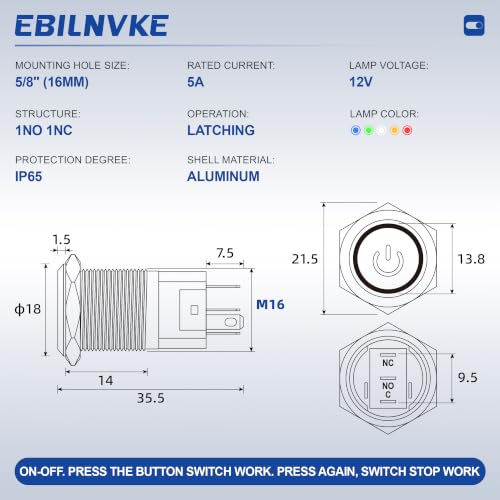 16mm Latching Push Button Switch 5A 12V Power Symbol LED Ring SPDT - color: Silver Shell-Yellow