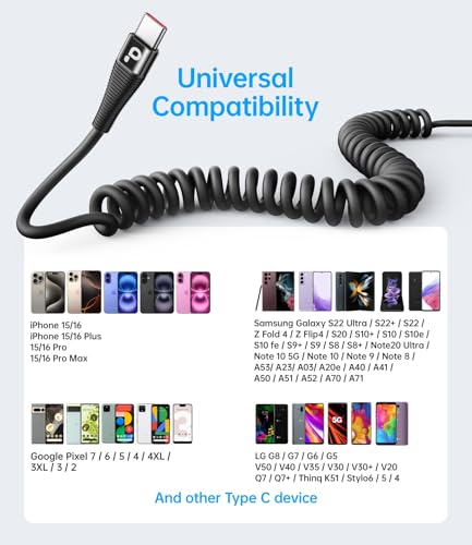 Coiled USB C Cable Fast Charging for Car 3FT/5FT, USB A to USB C Cable - color: Black, size: 3FT/5FT, style: USB A to USB C