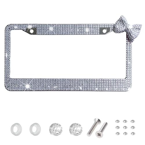 Wanheart 1 Pack White Bling License Plate Frame with White Corner Bow - color: White Frame + White Bow