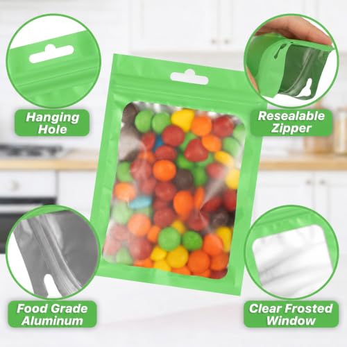 ANZNKU 100Pcs Green Mylar Bags, Resealable Smell Proof Small Zip Goodie Bag - color: Lime Green, size: 3.54x6.29 inches