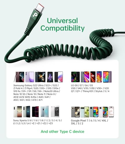 USB C Cable Fast Charging 60W 3FT/5FT, Coiled USB A to USB C Cable for Car - color: Green, size: 3FT/5FT, style: USB A to USB C