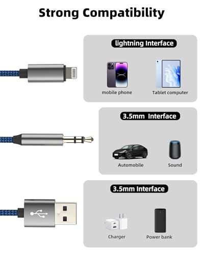 Lightning to 3.5mm Audio USB Charging Cable(2 in 1) for iPhone 14 13 Pro Max Headphone AUX Jack Adapter Charger Splitter MFI Certified Car Auxiliary Connector for iPad Earphone Stereo Speaker