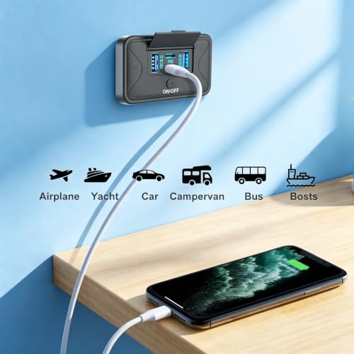 78W 4 Port 12V USB Outlet Charger Socket, Dual 36W PD + Dual 18W QC3.0 Wall Surface Mount Charging Panel with Button Switch for RV Truck Bus Marine Golf Cart