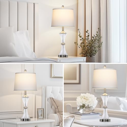 Rinweey Crystal Glass Table Lamp with USB C+A Ports & AC Outlet,White Clear Modern Bedroom Lamp,Silver Lamp for Living Room,Nightstand Lamp LED Bulbs Included,Single Silver - color: Silver-1P