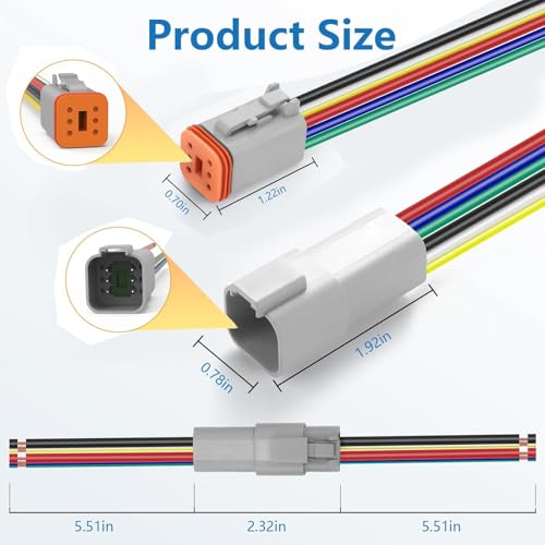 Deutsch DT 6 Pin 14 AWG Waterproof 6 Wire Connector Kit, 4 Pairs Automotive Electrical Connectors, Male & Female Plug for Truck, Boat, Car, LED Lights (6 Pin) - size: 6 Pin