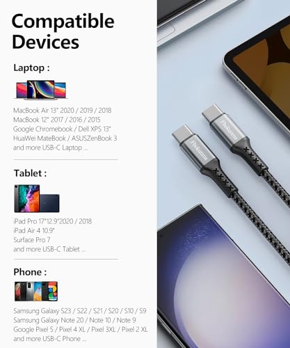 50.8cm(20인치) 짧은 USB C to USB C 케이블, 3팩 1.6피트 65W 충전기 케이블 PD 고속 충전 타입 C to 타입 C 코드 브레이디드 삼성 갤럭시 S23 S22 S21, 노트 20/10 울트라, 아이패드 프로, 보조 배터리용 - size: 1.6피트