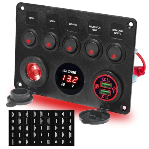 Upgraded 5 Gang Rocker Switch Panel - Dual QC 3.0 USB Charger, Digital Volmeter, 12V Outlet, Pre-Wired with Circuit Breakers for RV/Car/Boat/Truck, 2-Year Warranty (Red) - color: Red + Dual QC USB Charger